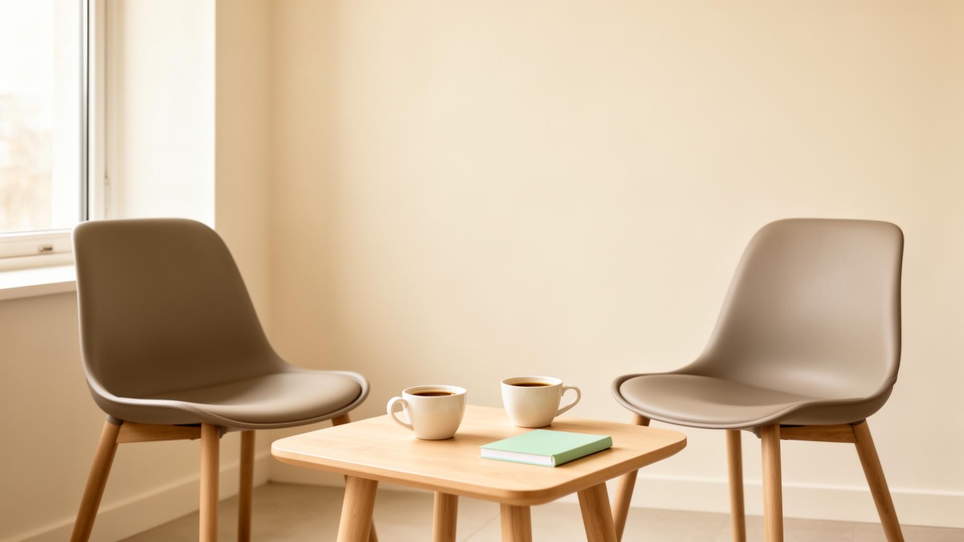Two empty chairs facing each other across a small table — a calm interview setting waiting to happen.